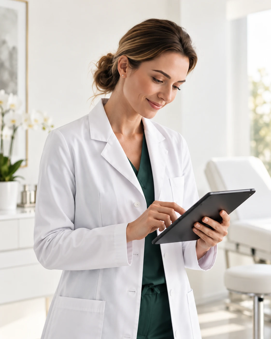 Médica consulta o prontuário no tablet, no consultório.